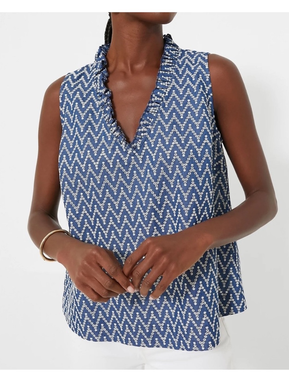 Tuckernuck Pomander place Veronica top denim chevron striped size M blue white